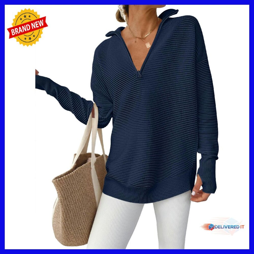 Long Sleeve Quarter Zip Pullover Sweater Ribbed Knit Loose Fit Thumb Holes